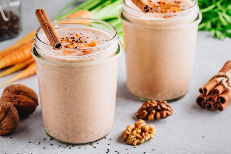 Immune boosting healthy carrot cake smoothie with walnuts, cinnamon and chia seeds.  Credit Depositphotos