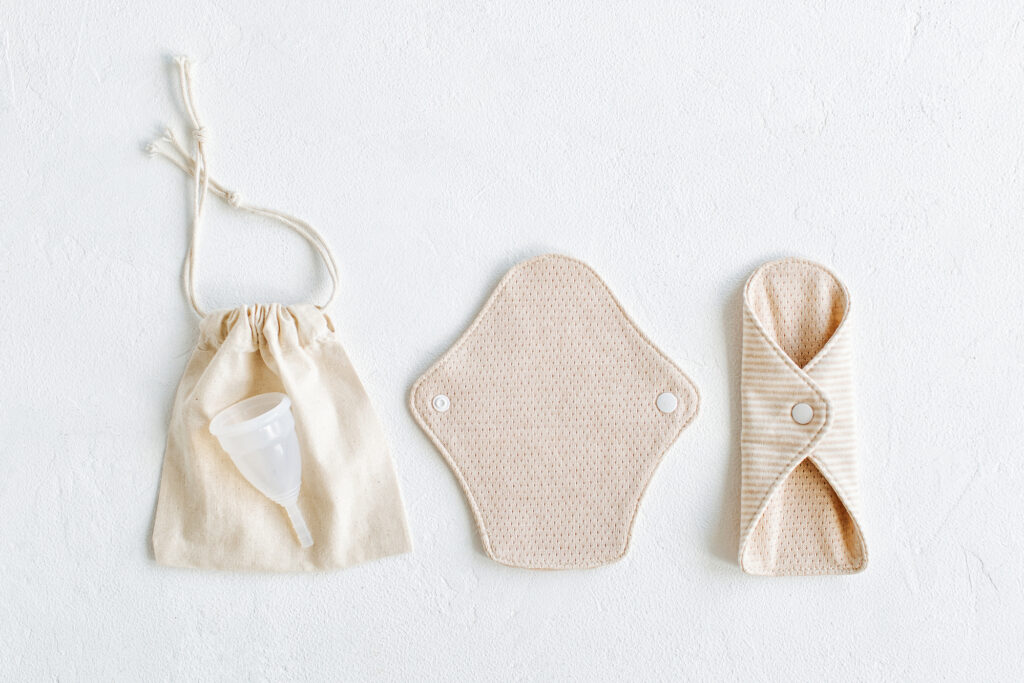 Reusable cloth pads and menstrual cup. Zero waste supplies for personal hygiene.  Waste-free living. No period problems