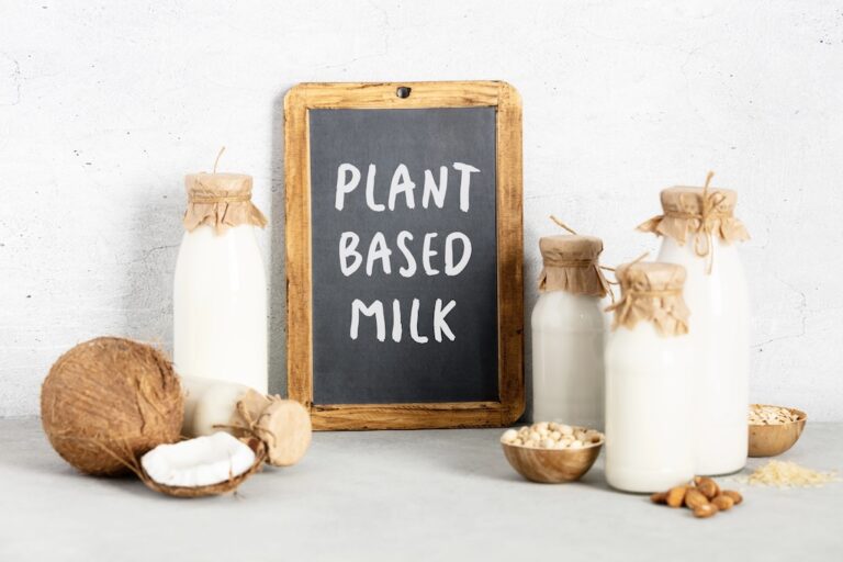 Non dairy plant based milk in bottles, ingredients and chalkboard with Plant based milk lettering on light background. Alternative lactose free milk substitute