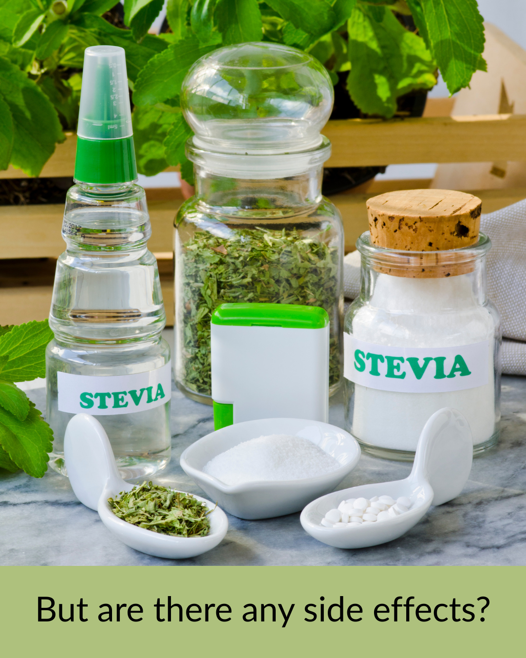 Image of various forms of stevia sweetener and the question "Are there any side effects?"
